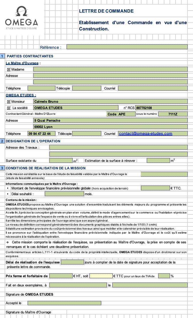 Lettre de commande en vue d'une Construction